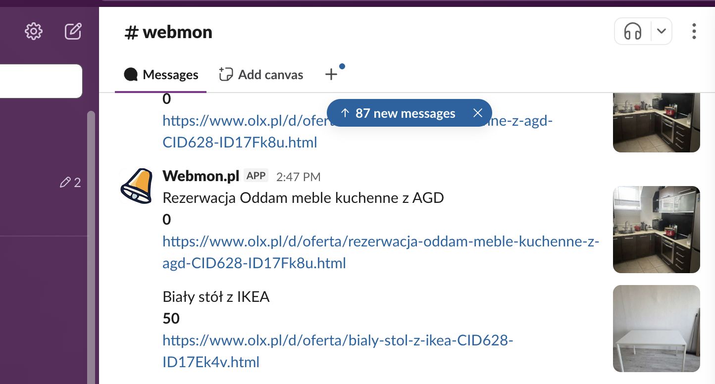 nowe ogłosznia OLX na Slack
