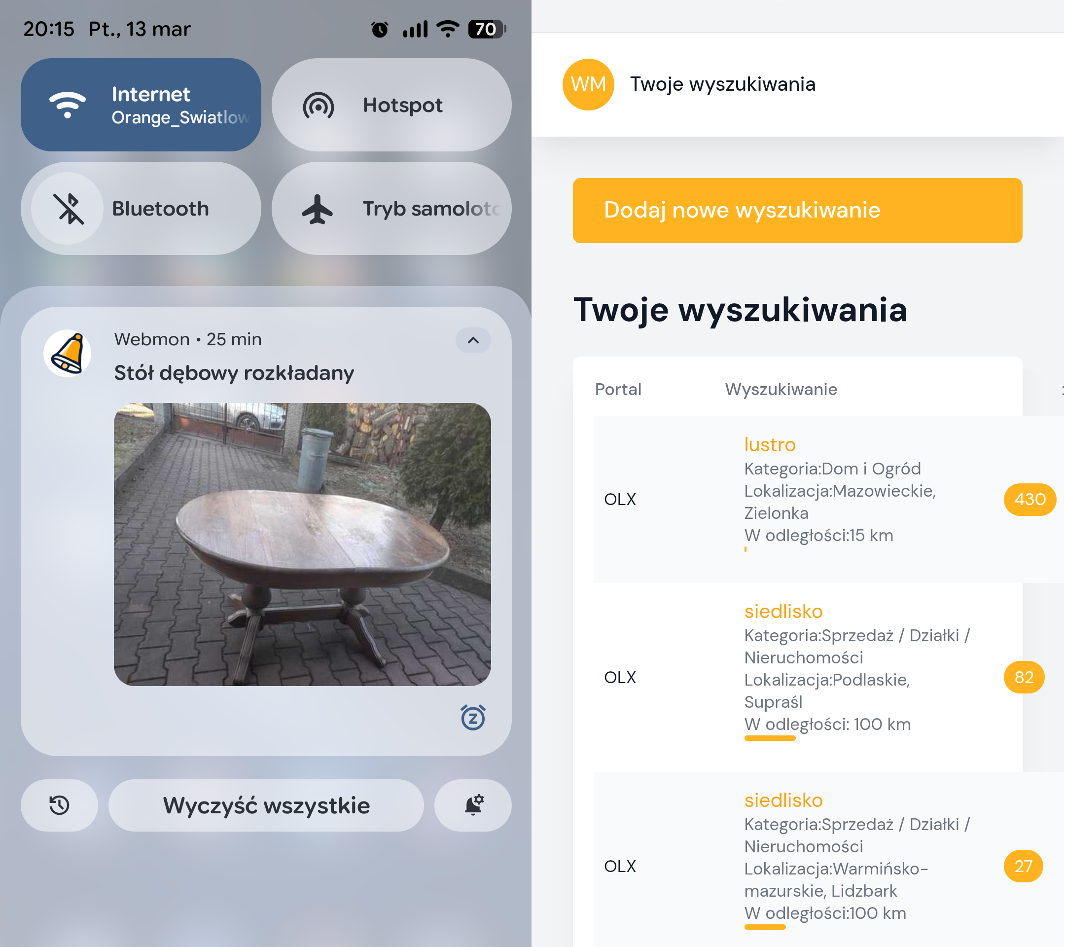 Szybkie powiadomienia OLX w aplikacji Android Webmon