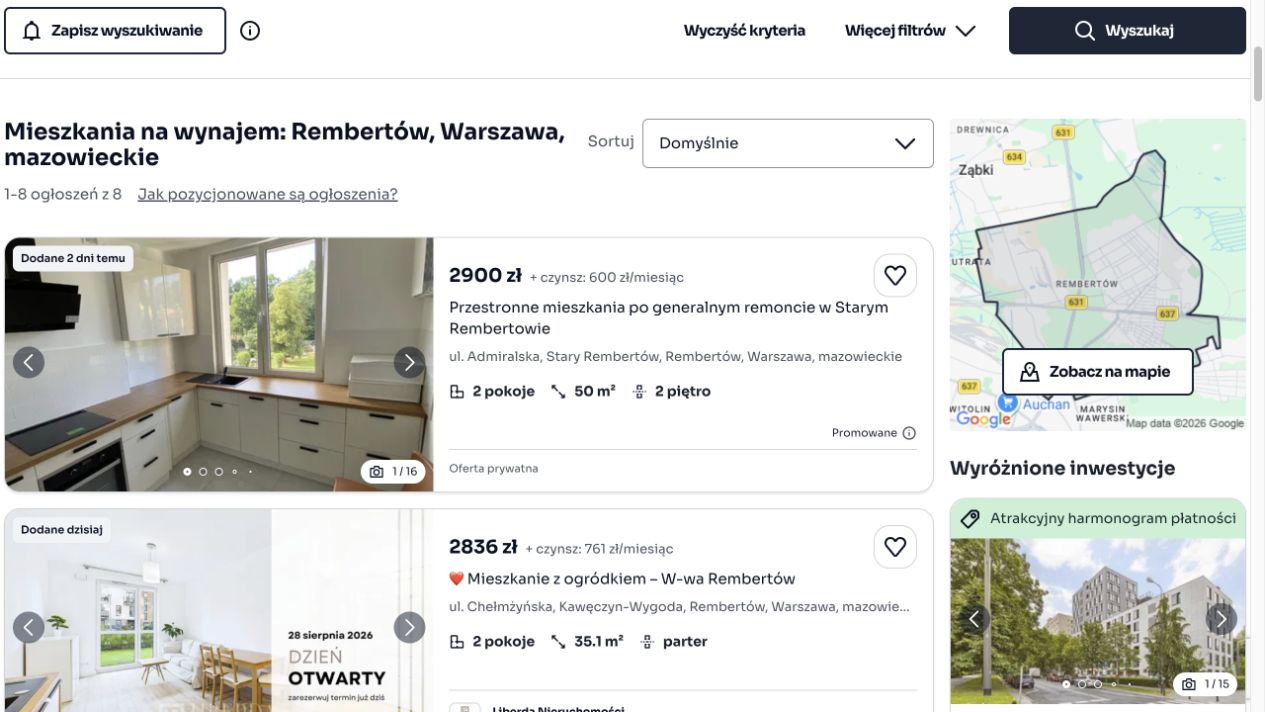 Wyniki wyszukiwania mieszkań na wynajem w Otodom monitorowane przez Webmon