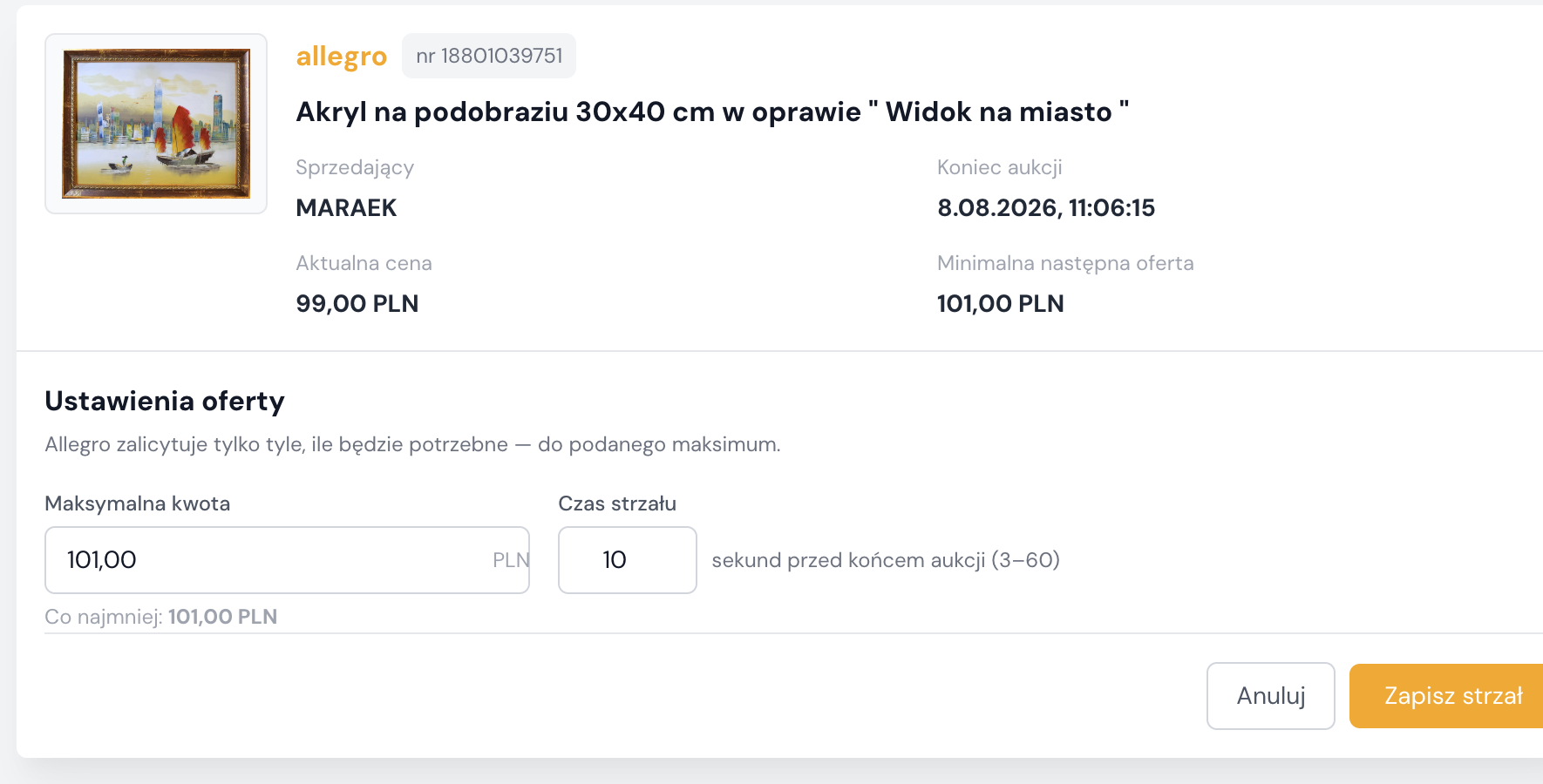 Formularz ustawiania Snajpera Allegro w Webmon
